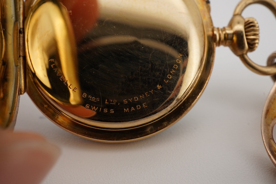 An early 20th century 18ct gold and two colour enamel open faced fob watch(enamel a.f.), with Arabic dial, case diameter 27mm, suspended from a Murrle Bennett & Co 9ct brooch. Condition - poor to fair